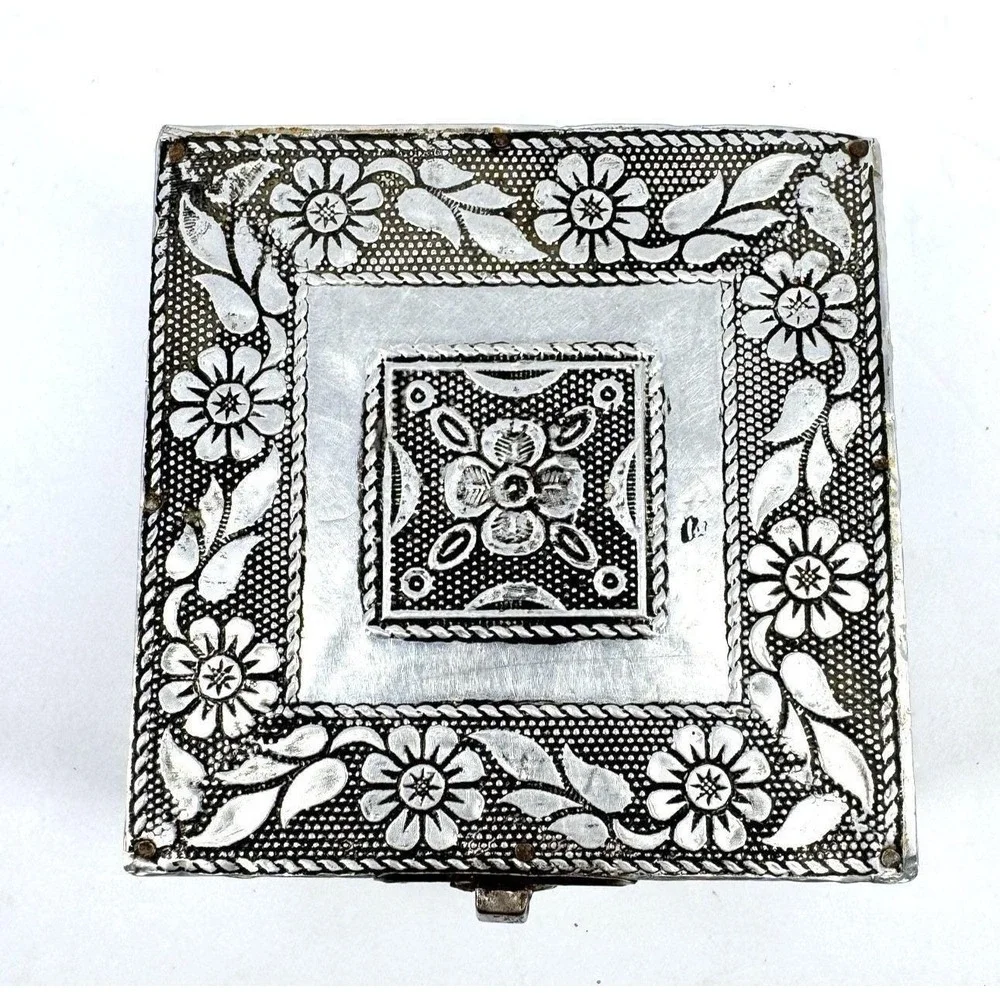Vintage Silver Tone Floral Trinket Jewelry Box Blue Velvet Lined Hinged Keepsake